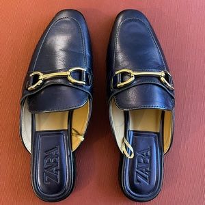 Zara Metallic Blue Loafer Mules Size 8